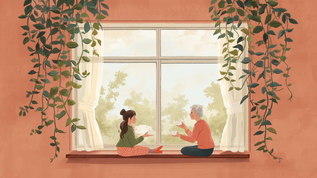 窓辺でお茶を飲みながら穏やかに話す娘と母親の水彩イラスト