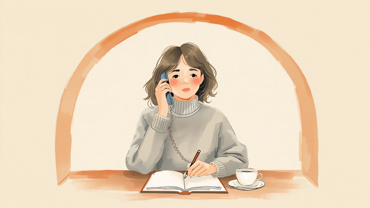 机で電話をしながらノートにメモをとる女性の水彩イラスト
