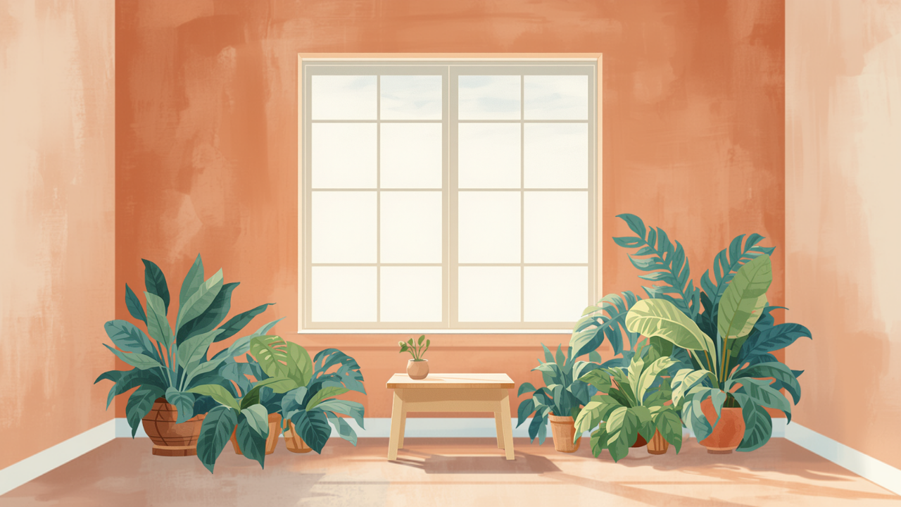 観葉植物と窓のある明るい相談室の水彩イラスト