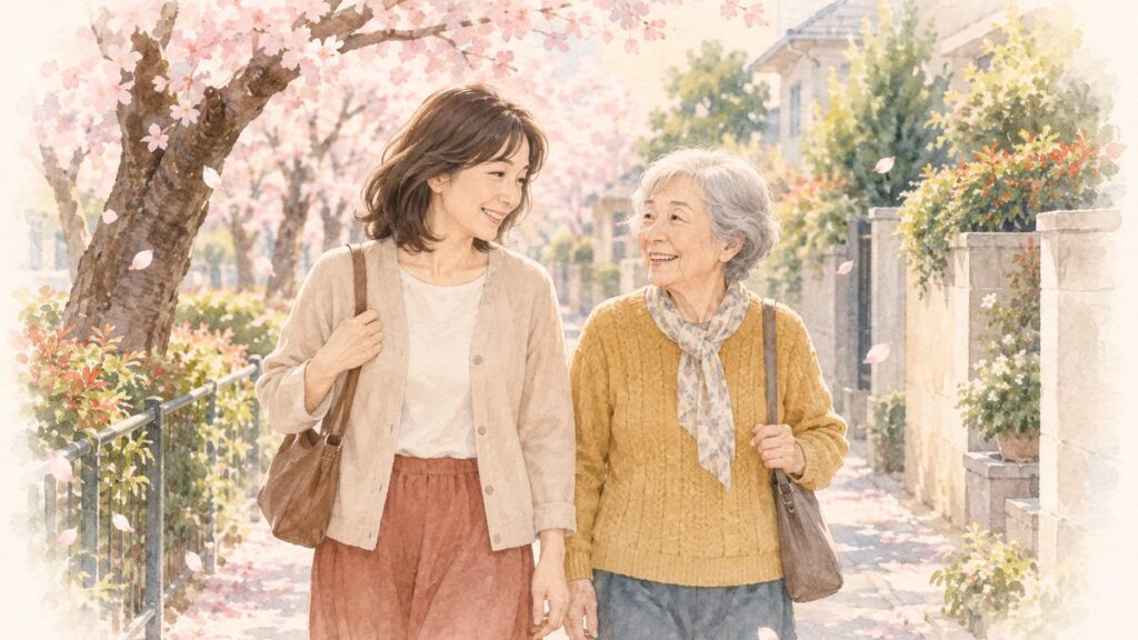 桜並木の住宅街を並んで歩く娘と母のイラスト