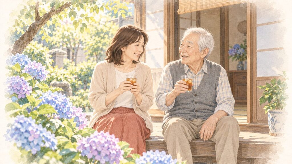 実家の縁側で麦茶を飲みながら話す父と娘のイラスト