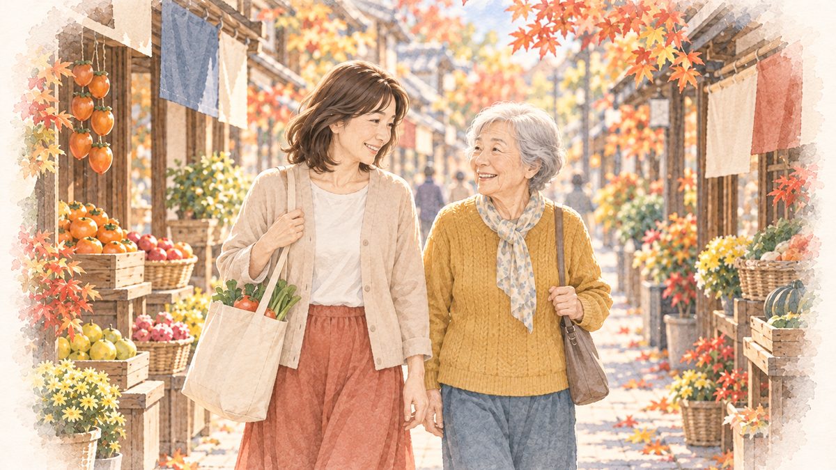 秋の商店街を並んで歩く母と娘のイラスト