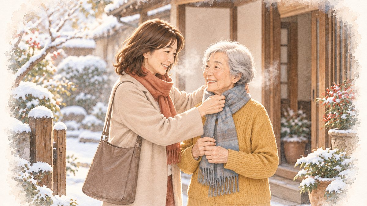雪の玄関先で母にマフラーを巻く娘のイラスト