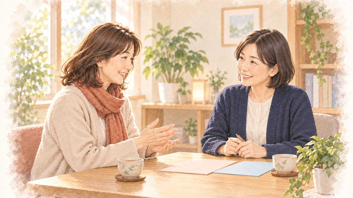 相談窓口で相談員に話を聞いてもらう娘のイラスト
