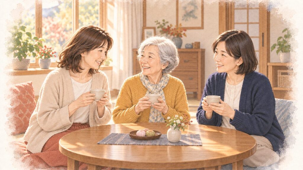 実家に来た相談員と母と娘がお茶を囲むイラスト