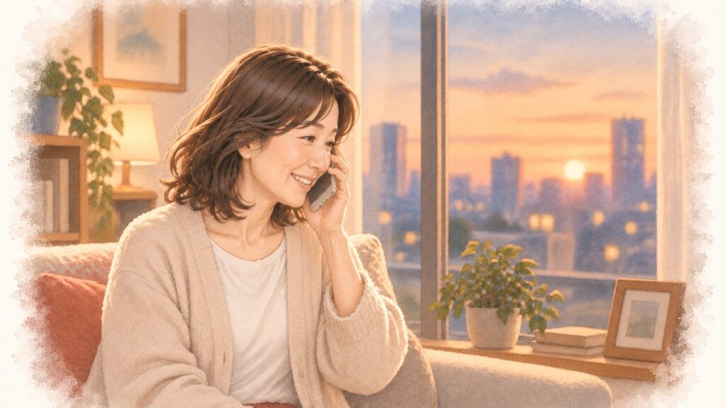 離れた町のマンションから電話をかける娘のイラスト