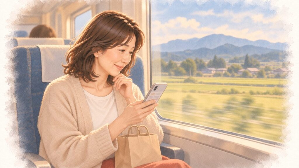 帰省の電車でスマホのメモを見返す娘のイラスト