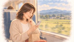 帰省の電車でスマホのメモを見返す娘のイラスト