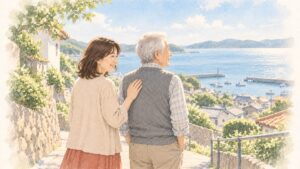 海の見える坂道の町で並んで立つ父と娘のイラスト
