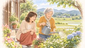 田んぼのある実家の庭で花に水をやる母と娘のイラスト