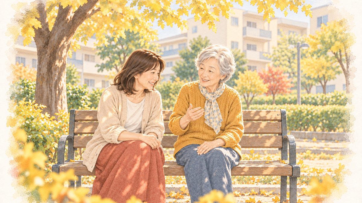 団地の前のベンチで話す母と娘のイラスト