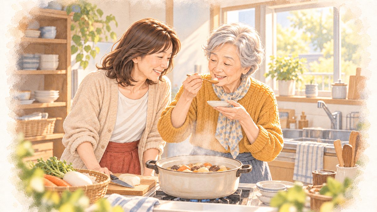 実家の台所で並んで料理をする娘と母のイラスト