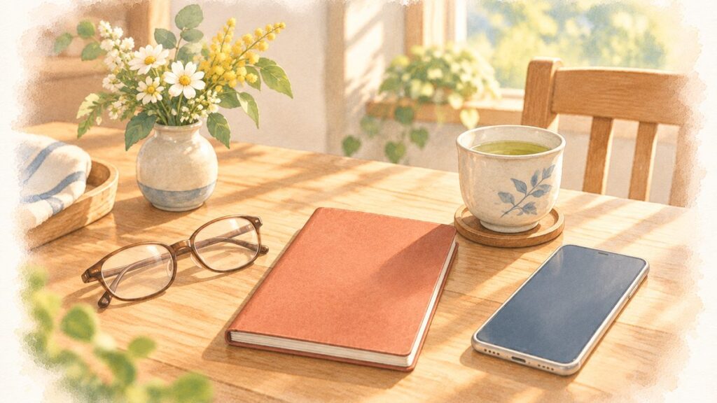 テーブルの上のお薬手帳・眼鏡・湯のみ・スマホのイラスト