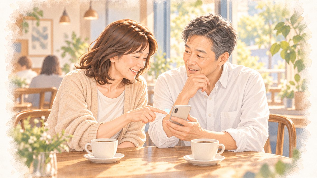 カフェで親のことを話し合うきょうだいのイラスト