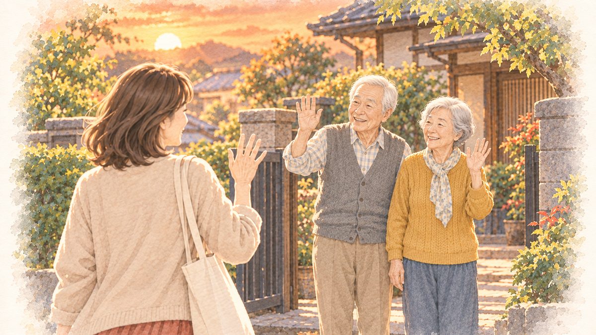 夕暮れの実家の前で手を振って見送る両親のイラスト