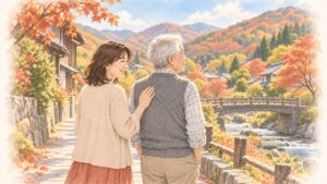 紅葉の山あいの町を父と散歩する娘のイラスト