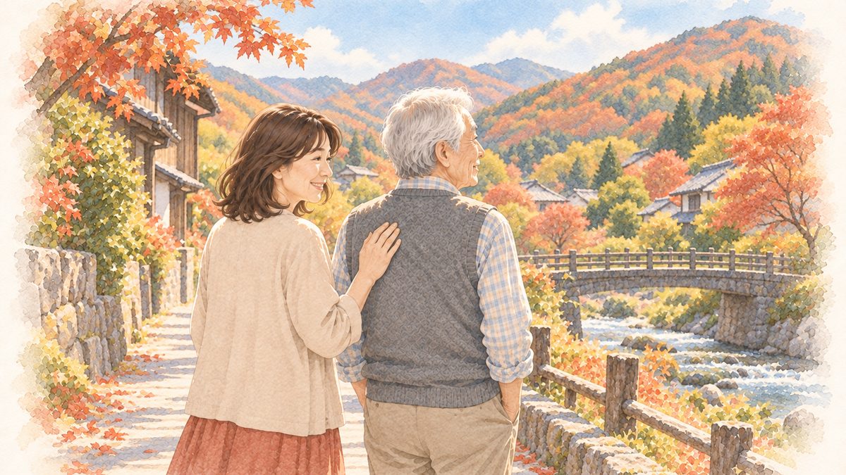 紅葉の山あいの町を父と散歩する娘のイラスト