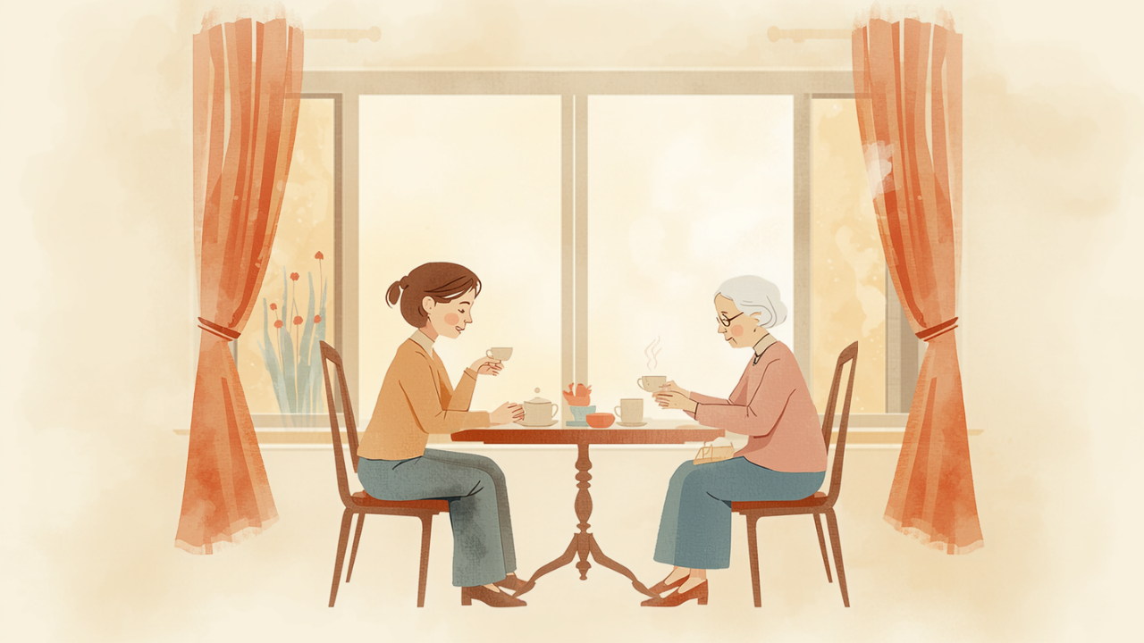 明るい窓辺のテーブルで、娘と高齢の母がお茶を飲みながら向かい合っている水彩イラスト